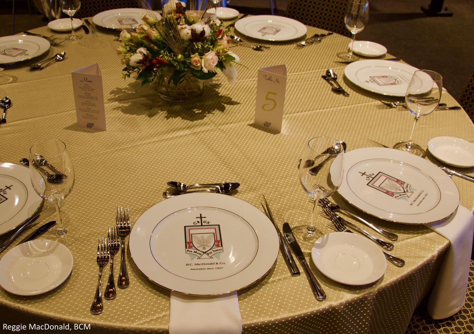 Banquet table set with custom-printed ceramic dinnerware