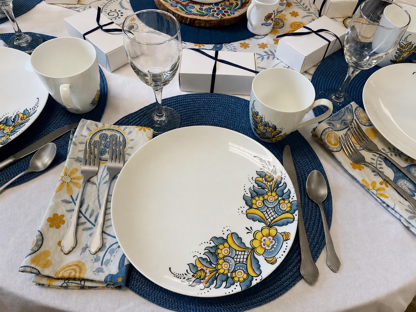 Custom printed ceramic dinnerware set on a table